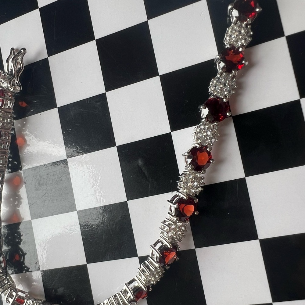 Red Garnet ♥️ Rhodium over Sterling Silver 🩶 Bracelet - Picture 4 of 15